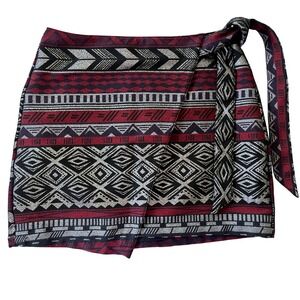 EXPRESS Skirt Aztec Geometric Burgundy Black Mini with‎ Tie Size 8
